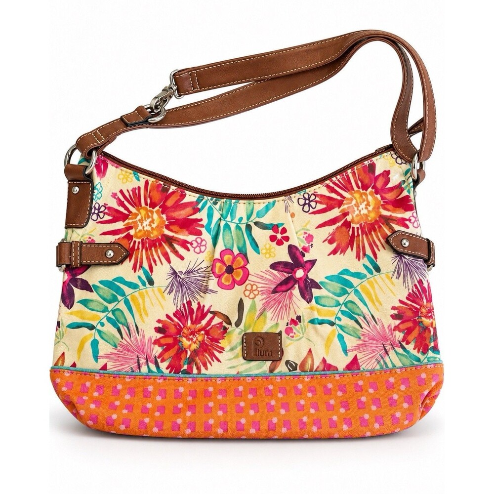 Plum Floral Shoulder Bag Purse Canvas Brown Trim Zip Top Colorful Boho Tote